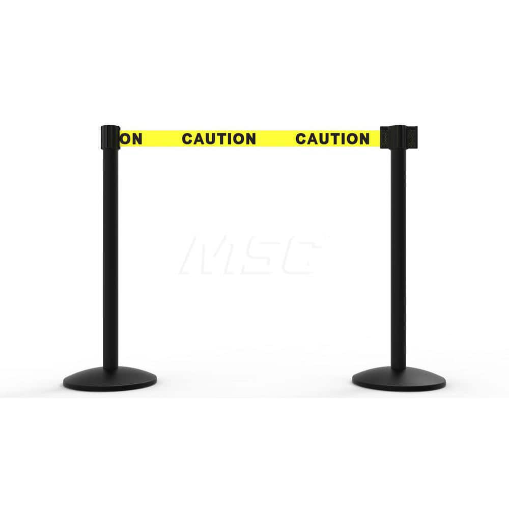 Free Standing Retractable Belt Barrier Post: 40″ High, 2.4″ Dia, Aluminum Post Cast Iron, Black & Yellow