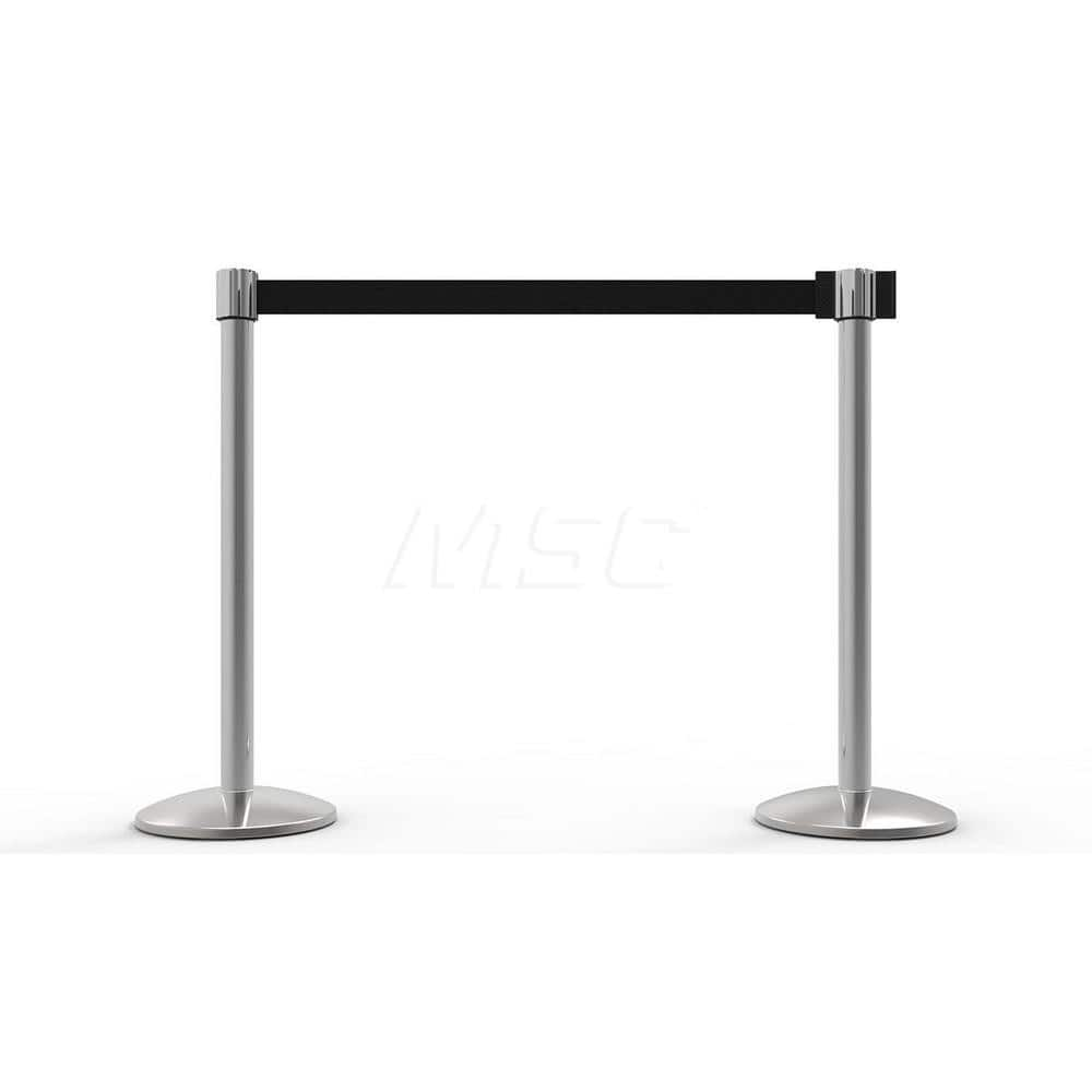 Free Standing Retractable Belt Barrier Post: 40″ High, 2.4″ Dia, Aluminum Post Cast Iron, Black & Silver