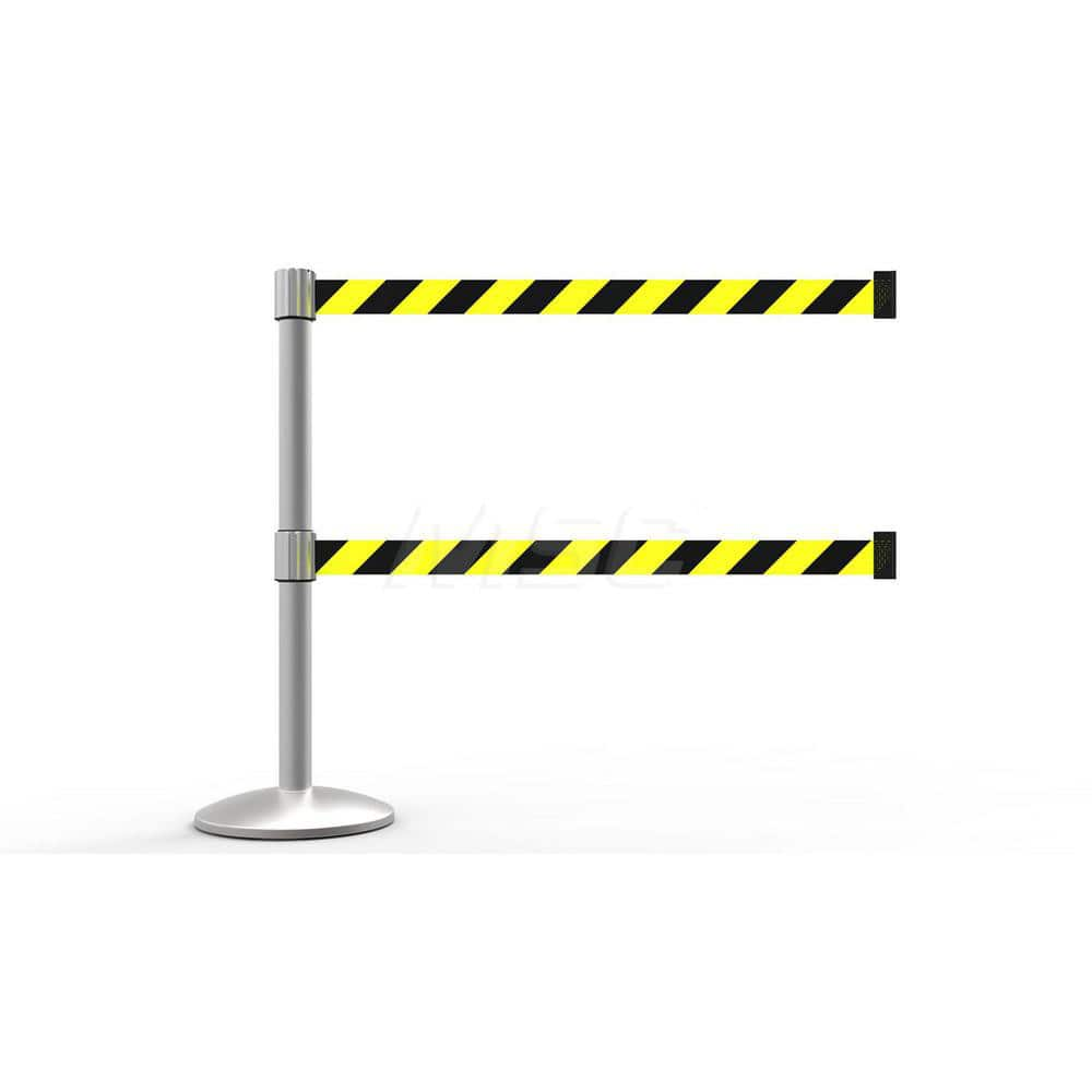 Free Standing Retractable Belt Barrier Post: 40″ High, 2.4″ Dia, Aluminum Post Cast Iron, Black, Silver & Yellow