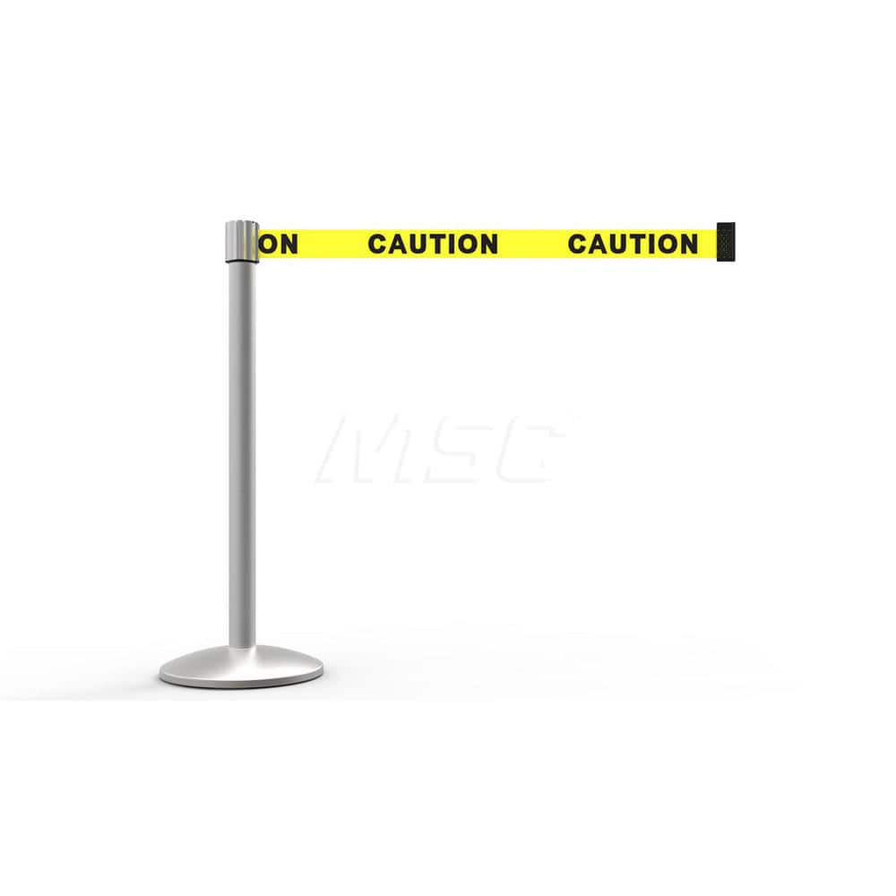 Free Standing Retractable Belt Barrier Post: 40″ High, 2.4″ Dia, Aluminum Post Cast Iron, Silver & Yellow