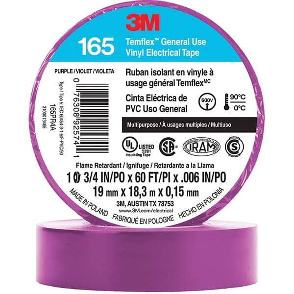 Electrical Tape: 3/4″ Wide, 60' Long, 6 mil Thick, Purple 32 to 194 ° F Operating Temp, 1,000 V/mil, Series 3M ™ Temflex ™ 165