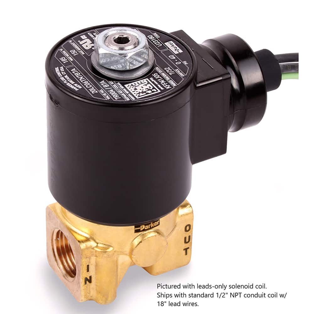 Parker - Solenoid Valves; Valve Type: 2-Way, 2 Position ; Port Size: 1/4 ; Maximum Working Pressure (psi): 15.000 ; Valve Unactuated State: Normally Closed ; Body Material: Brass ; Seal Material: NBR - Exact Industrial Supply