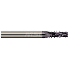 Helical Flute Thread Mill: 1/16-27 to 1/8-27, Internal & External, 3 Flute, 1/4″ Shank Dia, Solid Carbide 27 TPI, 0.245″ Cut Dia, 7/16″ LOC, 2-1/2″ OAL, AlTiN Coated