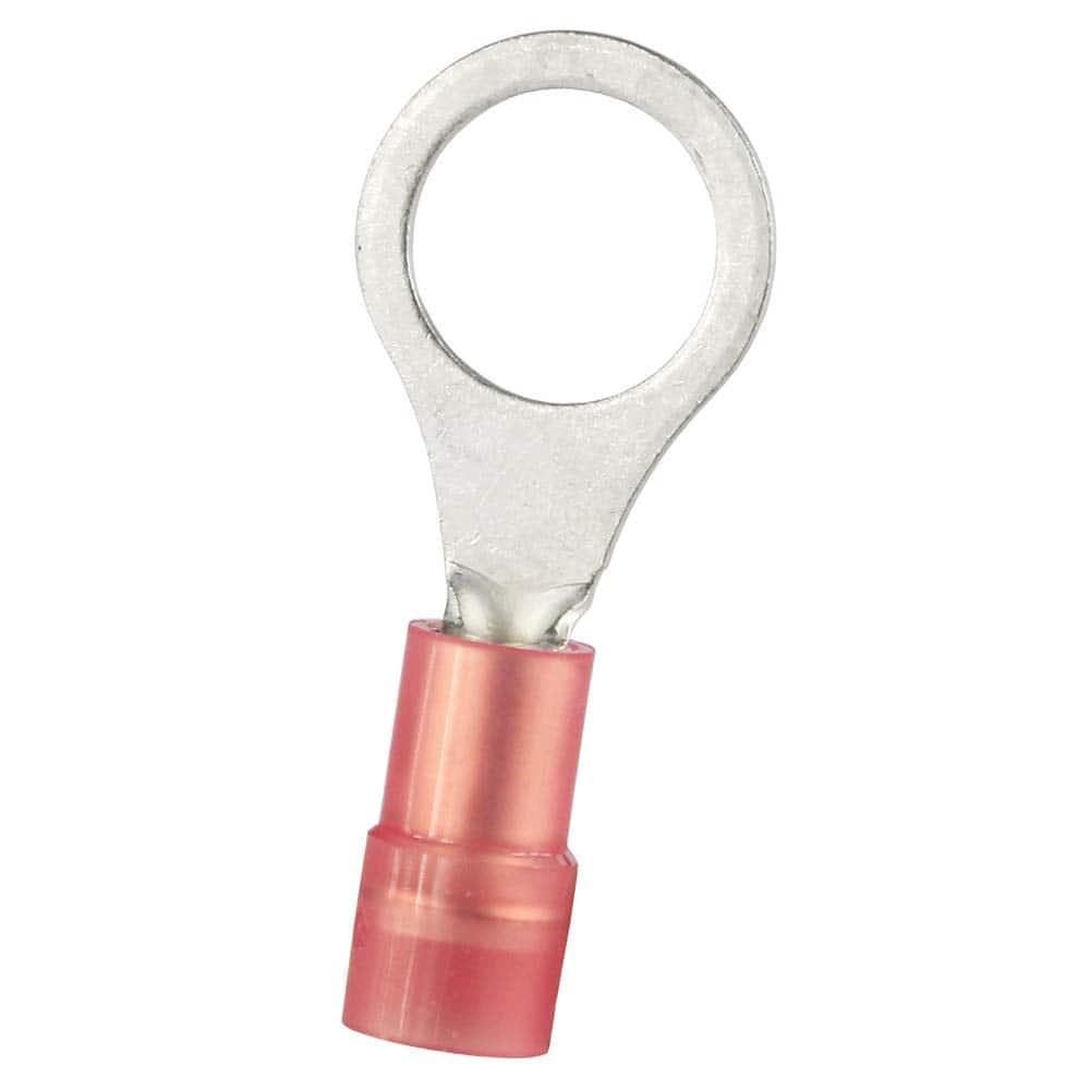 Circular Ring Terminal: Partially Insulated, 22 to 16 AWG, Crimp Connection 1.094″ Long, 0.457″ Wide, Copper Contact, Red