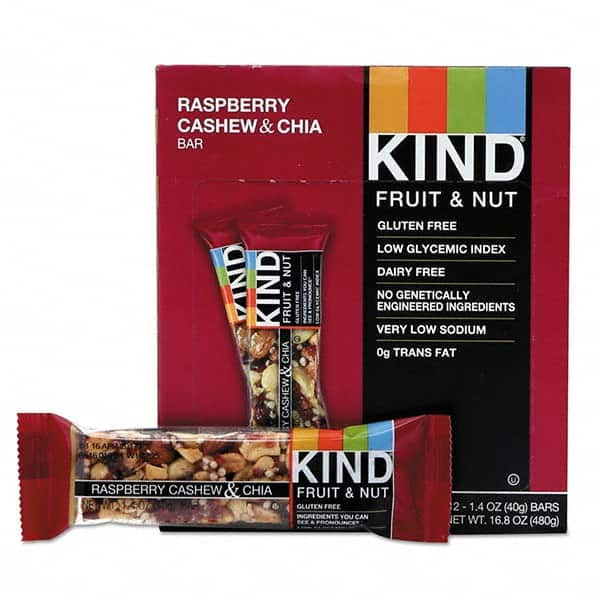 KIND - Snacks, Cookies, Candy & Gum Breakroom Accessory Type: Granola Bars Breakroom Accessory Description: Fruit and Nut Bars, Raspberry Cashew & Chia, 1.4 oz Bar, 12/Box - Eagle Tool & Supply