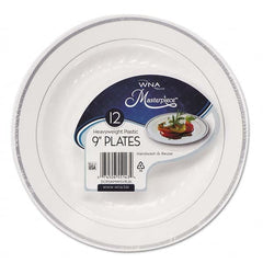 WNA - Masterpiece Plastic Plates, 9 in, White w/Silver Accents, Round, 120/Carton - Eagle Tool & Supply