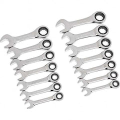 Ratcheting Combination Wrench Set: 14 Pc, 1/2″ 11/16″ 3/4″ 3/8″ 5/8″ 7/16″ & 9/16″ Wrench, Inch & Metric 15 ° Head Offset Angle, Ratcheting, Chrome-Plated