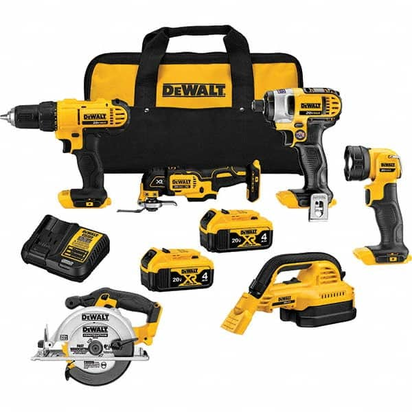 DeWALT - Cordless Tool Combination Kits Voltage: 20 Tools: 1/2" Drill/Driver; 1/4" Impact Driver; Wet-Dry Vacuum; Work Light; 6-1/2" Circular Saw; Oscillating Multi-Tool - Eagle Tool & Supply