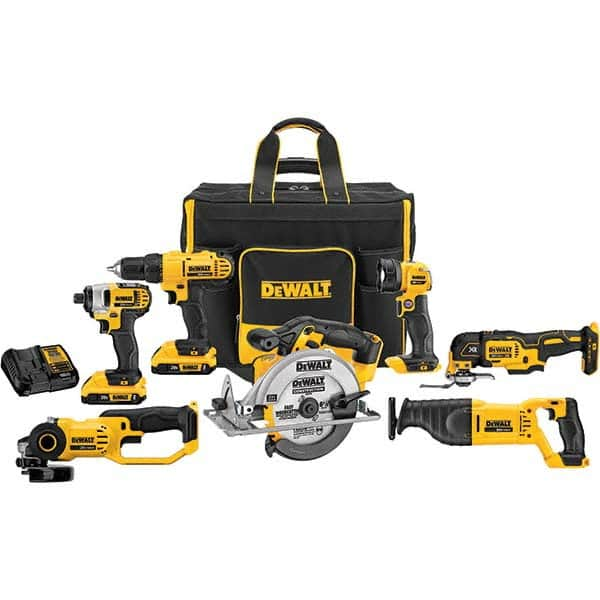 DeWALT - Cordless Tool Combination Kits Voltage: 20 Tools: 1/2" Drill/Driver; 1/4" Impact Driver; 6-1/2" Circular Saw; Work Light; Reciprocating Saw; Grinder; Blue Tooth Speaker - Eagle Tool & Supply