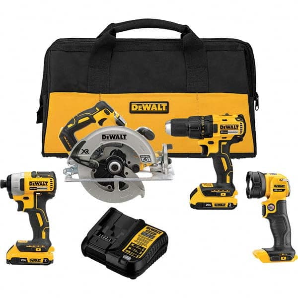 DeWALT - Cordless Tool Combination Kits Voltage: 20 Tools: Brushless 1/2" Cordless Drill/Driver; Brushless 1/4" Cordless Impact Driver; Brushless XR 7-1/4 Circular Saw; Cordless LED Work Light - Eagle Tool & Supply