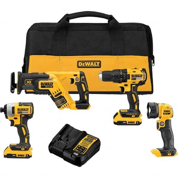 DeWALT - Cordless Tool Combination Kits Voltage: 20 Tools: Brushless 1/2" Cordless Drill/Driver; Brushless 1/4" Cordless Impact Driver; Brushless Cordless Compact Reciprocating Saw; Cordless LED Work Light - Eagle Tool & Supply