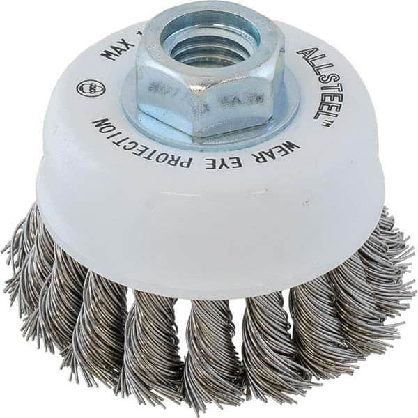 WALTER Surface Technologies - 3" Diam 5/8-11 Threaded Arbor Stainless Steel Fill Cup Brush - Eagle Tool & Supply