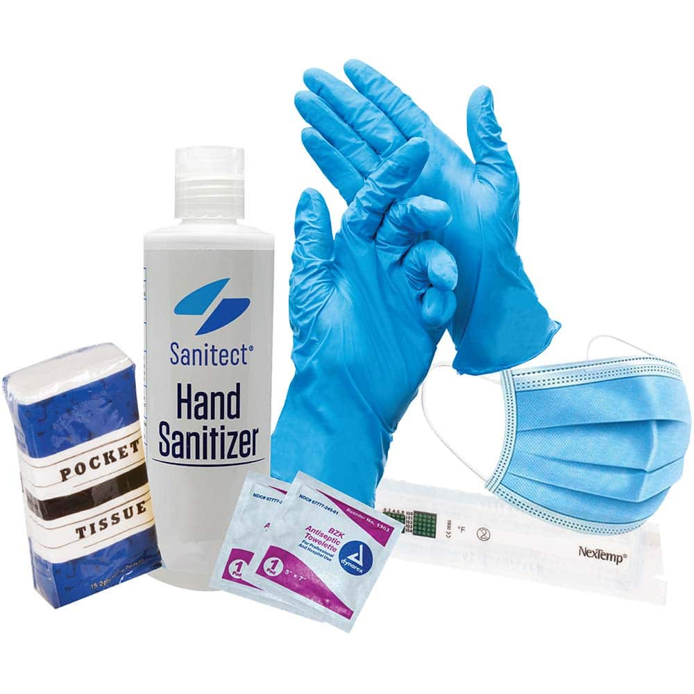 No Brand - Emergency Preparedness Kits Type: Back-to-Work Safety Kit Contents: (5) Ear Loop Masks; (5) Pair of Nitrile Gloves Size Large; Disposable Thermometer; Tissue Packet; 3.4oz Hand Sanitizer; (6) Antiseptic Towelettes - Eagle Tool & Supply