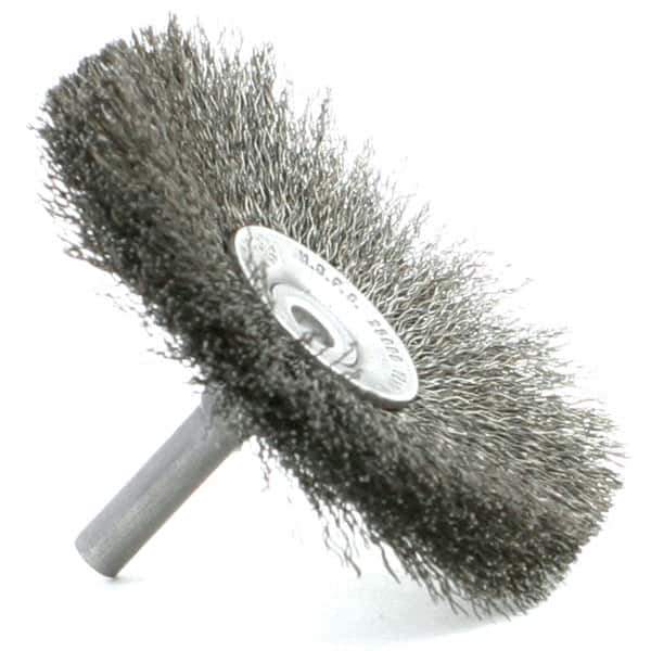 Brush Research Mfg. - 1-3/4" Brush Diam, Crimped, Flared End Brush - 1/4" Diam Steel Shank, 2,500 Max RPM - Eagle Tool & Supply