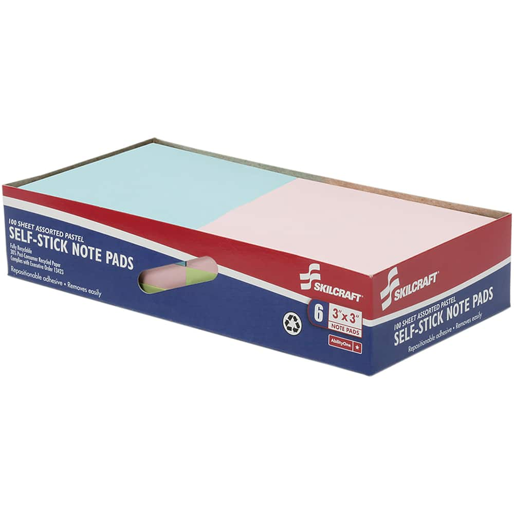 Ability One - Note Pads, Writing Pads & Notebooks; Writing Pads & Notebook Type: Self-Stick Notes ; Size: 3" x 3" ; Number of Sheets: 100 ; Color: Pink; Yellow; Blue; Green ; Style of Rule: Unruled - Exact Industrial Supply