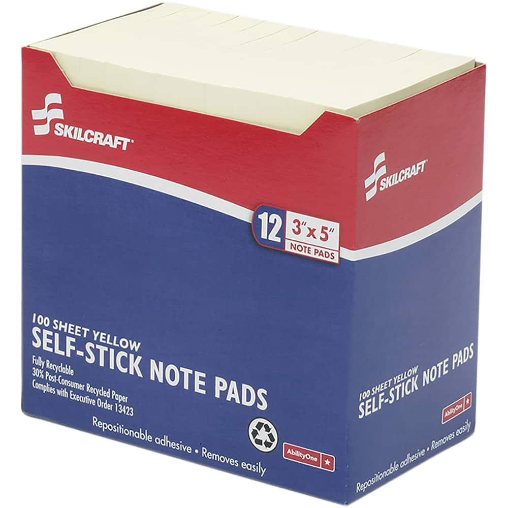 Ability One - Note Pads, Writing Pads & Notebooks; Writing Pads & Notebook Type: Self-Stick Notes ; Size: 3" x 5" ; Number of Sheets: 100 ; Color: Yellow ; Style of Rule: Unruled - Exact Industrial Supply