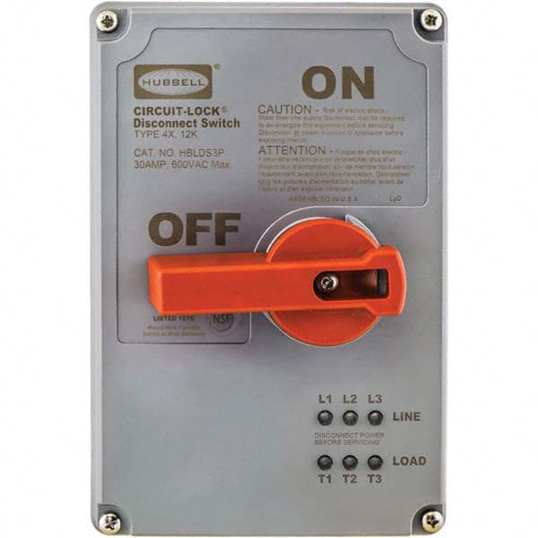 Cam & Disconnect Switches; Enclosure Type: Enclosed; Fused: Non-Fused; Horsepower: 0; Number of Phases: 1; Amperage: 30 A; Contact Form: 3PST; Voltage: 600 V ac; Horsepower at 1 Phase: 1 @ 200-208 V; Horsepower at 3 Phase: 100 @ 600 V; Number of Poles: 3;