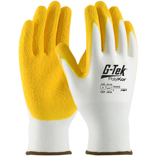‎16-813/XL Coated Gloves w/Polykor - G-Tek PolyKor - White 13G Shell - Yellow Latex Coat Crinkle Grip - A2 - Exact Industrial Supply