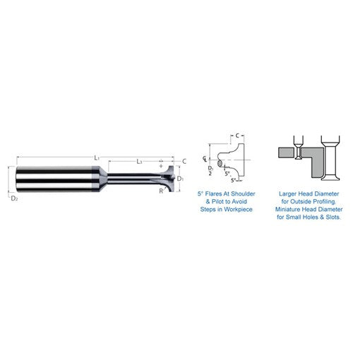 Corner Rounding End Mills - 0.0050″ Radius × 0.0300″ Head Diameter × 0.0620″ (1/16″) Neck Length Carbide 5° Flare Back Corner Rounding End Mill, 3 Flutes, AlTiN Coated - Exact Industrial Supply