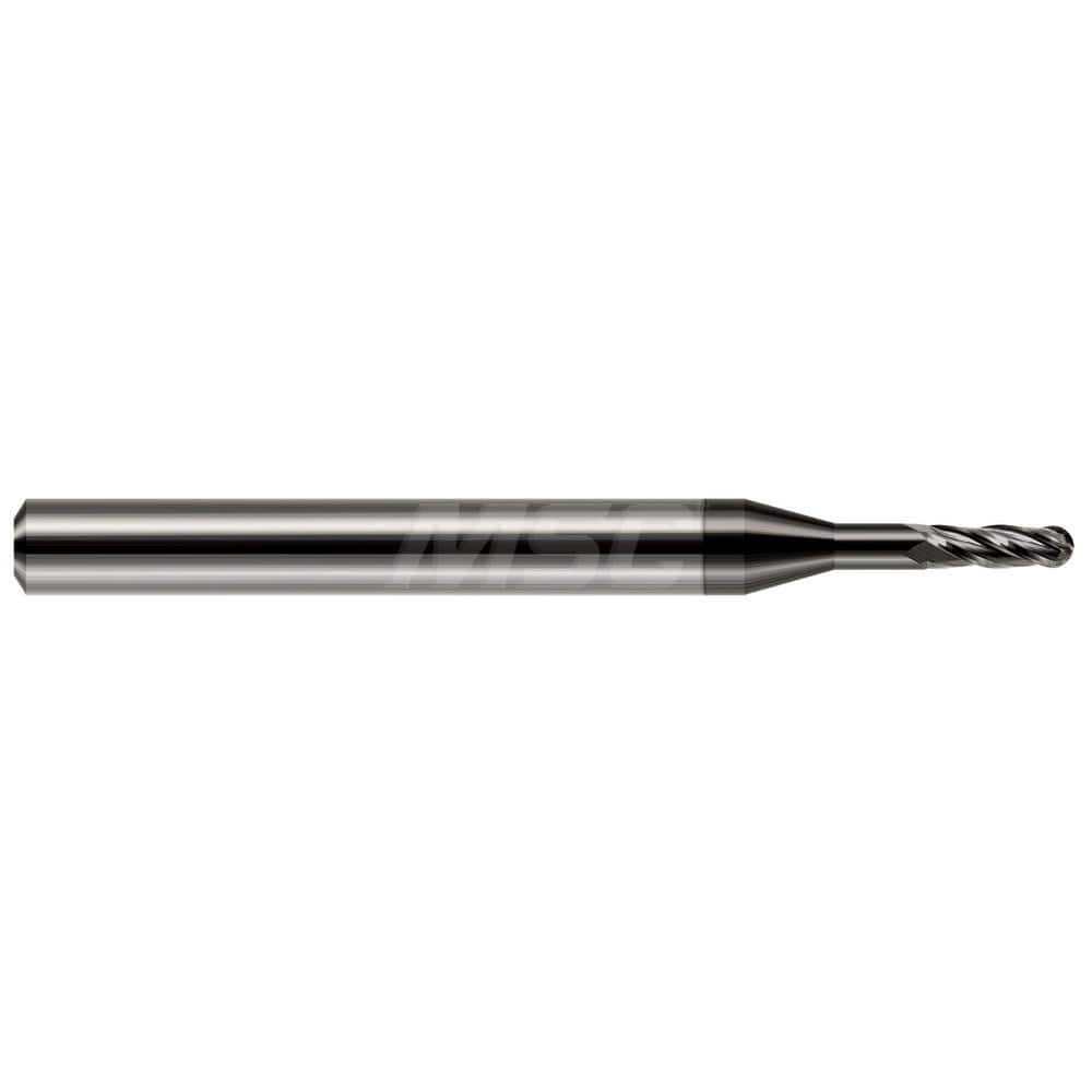 Ball End Mill: 0.02″ Dia, 0.06″ LOC, 4 Flute, Solid Carbide 1-1/2″ OAL, 1/8″ Shank Dia, 30 ° Helix, Amorphous Diamond Coated, Single End