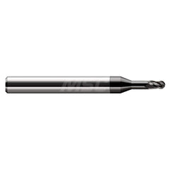 Ball End Mill: 0.031″ Dia, 0.047″ LOC, 3 Flute, Solid Carbide 2-1/2″ OAL, 1/8″ Shank Dia, 30 ° Helix, Amorphous Diamond Coated, Single End