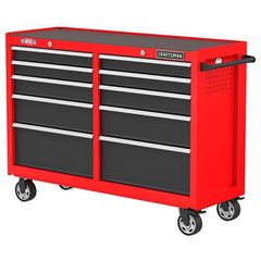 Steel Tool Roller Cabinet: 52″ OAW, 37.5″ OAH, 18″ OAD, 10 Drawers Black & Red, Steel Top, Keyed