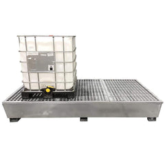 Spill Pallet: 2 Drum, 370 gal, 10,375 lb, Steel 118″ Long, 61″ Wide, 18″ High, Silver, Vertical