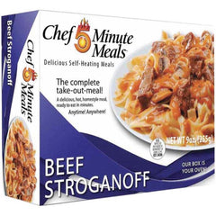 Chef Minute Meals - Emergency Preparedness Supplies Type: Ready-to-Eat Beef Stroganoff Meal Contents/Features: Heater Pad & Activator Solution; Cutlery Kit w/Utensils, Salt & Pepper Packets; 9-oz Entr e - Eagle Tool & Supply