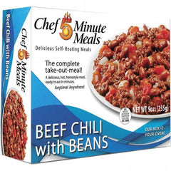 Chef Minute Meals - Emergency Preparedness Supplies Type: Ready-to-Eat Beef Chili Meal Contents/Features: Heater Pad & Activator Solution; Cutlery Kit w/Utensils, Salt & Pepper Packets; 9-oz Entr e - Eagle Tool & Supply