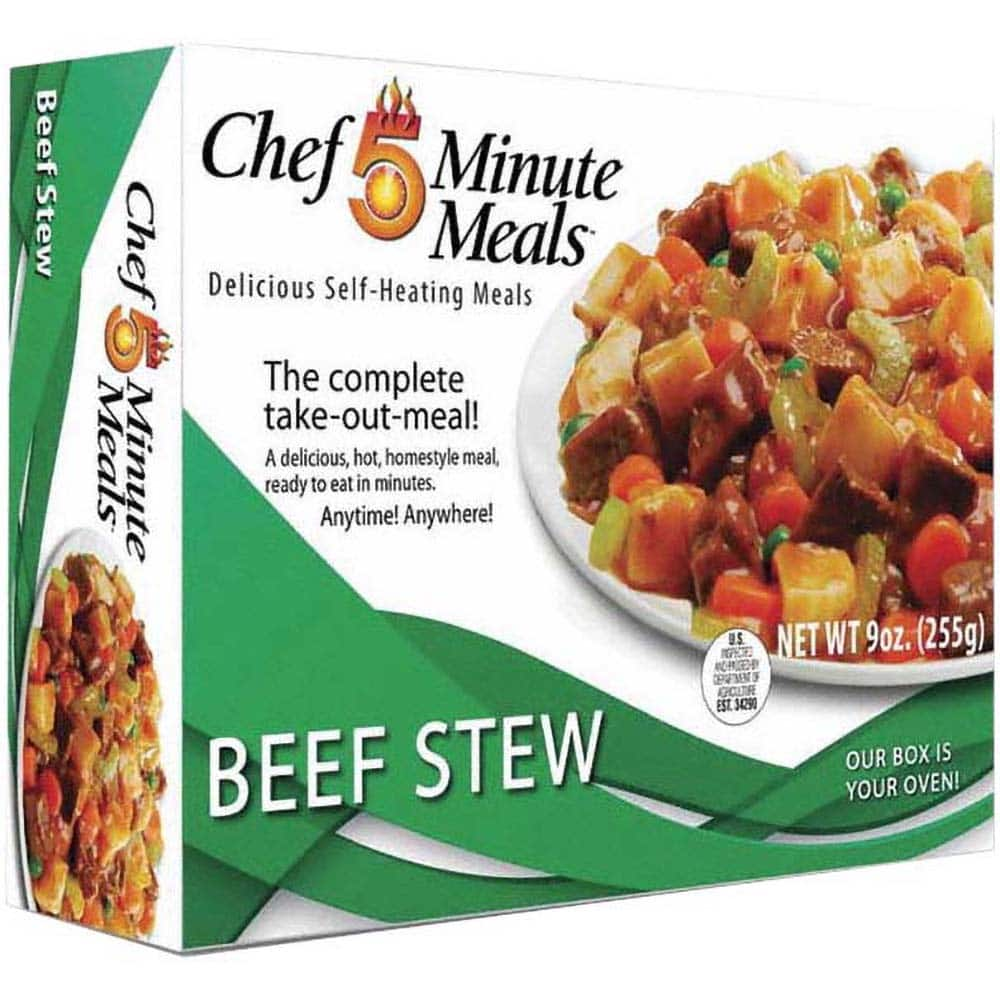 Chef Minute Meals - Emergency Preparedness Supplies Type: Ready-to-Eat Beef Stew Meal Contents/Features: Heater Pad & Activator Solution; Cutlery Kit w/Utensils, Salt & Pepper Packets; 9-oz Entr e - Eagle Tool & Supply