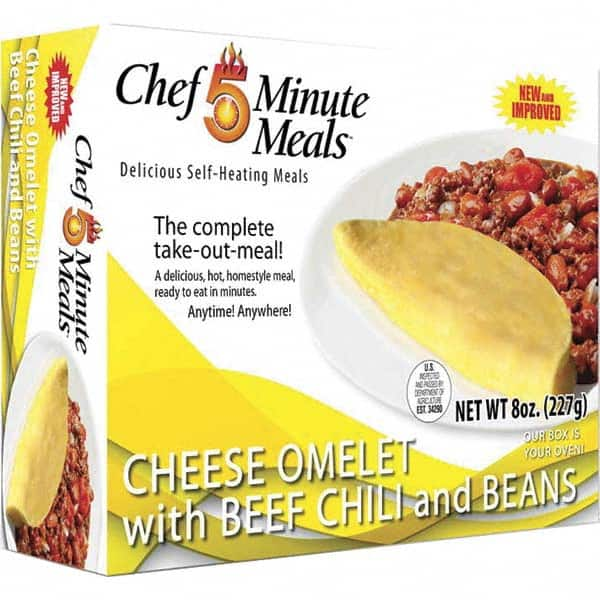 Chef Minute Meals - Emergency Preparedness Supplies Type: Ready-to-Eat Omelette and Chili Meal Contents/Features: Heater Pad & Activator Solution; Cutlery Kit w/Utensils, Salt & Pepper Packets; 9-oz Entr e - Eagle Tool & Supply