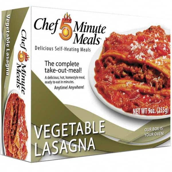 Chef Minute Meals - Emergency Preparedness Supplies Type: Ready-to-Eat Vegetable Lasagna Meal Contents/Features: Heater Pad & Activator Solution; Cutlery Kit w/Utensils, Salt & Pepper Packets; 9-oz Entr e - Eagle Tool & Supply