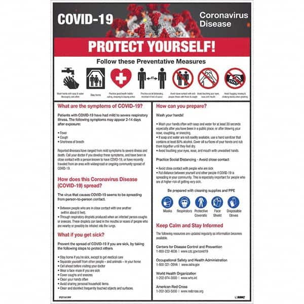NMC - 1 5-Piece "COVID-19 - PROTECT YOURSELF!", 12" Wide x 18" High, Paper Safety Sign - Eagle Tool & Supply