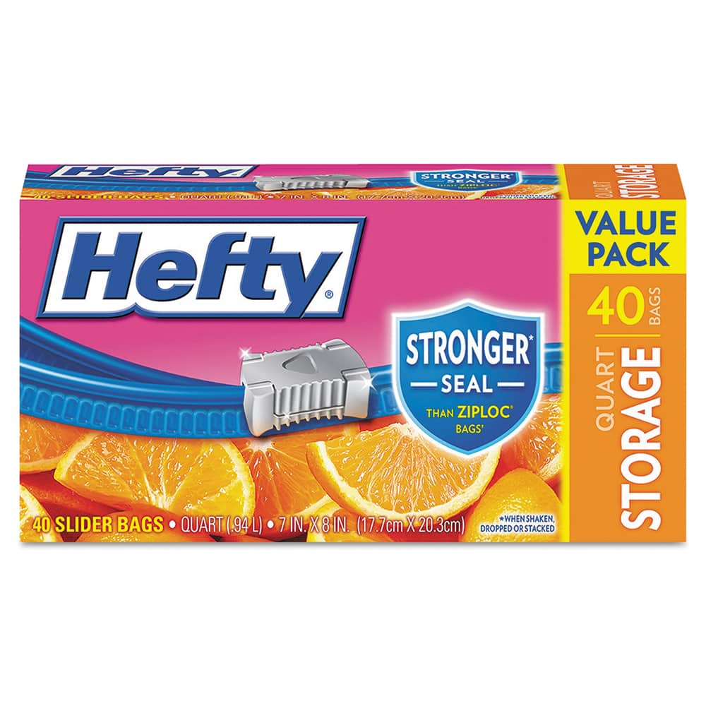 Hefty - Reclosable Food & Sandwich Bags; Volume Capacity: 1 Qt. ; Width (Inch): 4-3/8 ; Container Shape: Rectangle ; Height (Inch): 8-1/2 ; Material: Plastic ; Thickness (mil): 1.5000 - Exact Industrial Supply