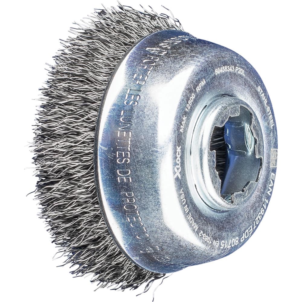 PFERD - Cup Brushes; Brush Diameter (Inch): 3-1/2 ; Fill Material: Carbon Steel ; Filament/Wire Diameter (Decimal Inch): 0.0120 ; Wire Type: Crimped Wire ; Arbor Type: X-LOCK ; Arbor Hole Thread Size: X-LOCK - Exact Industrial Supply