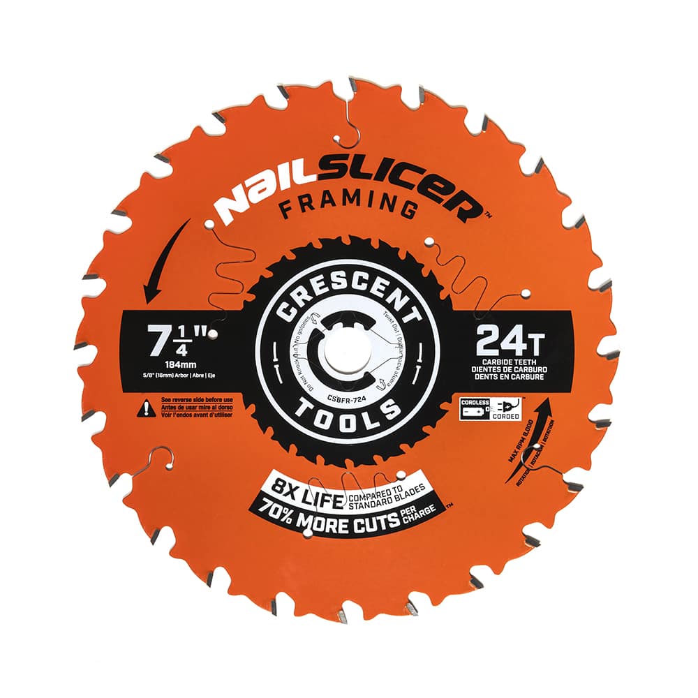 Wet & Dry Cut Saw Blade: 7-1/4″ Dia, 5/8″ Arbor Hole, 0.063″ Kerf Width, 24 Teeth Use on Framing, Round with Diamond Knockout Arbor