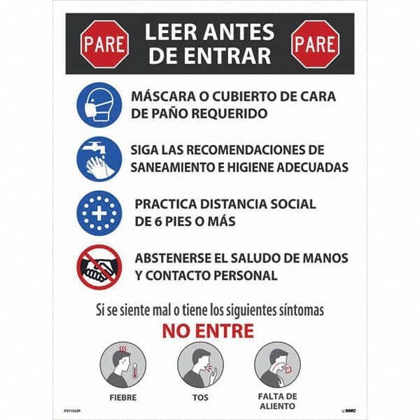 NMC - "COVID-19 - PARE - Leer Antes De Entrar", 18" Wide x 24" High, Paper Safety Sign - Eagle Tool & Supply