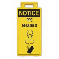 Cone & A Frame Floor Signs; Shape: A-Frame; Sign Type: Accident Prevention; Type: Accident Prevention; Message or Graphic: Message & Graphic; Header: Caution; Legend: Notice PPE Required; Viewing Points: Four-View; Language: English; Color: Black on Yello