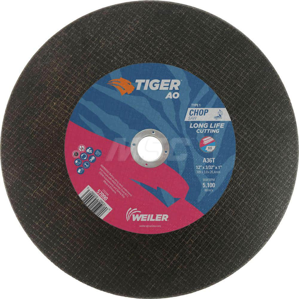 Cut-Off Wheel: Type 1, 12″ Dia, 3/32″ Thick, Aluminum Oxide Reinforced, 36 Grit, 5100 Max RPM, Use with Chop Saws