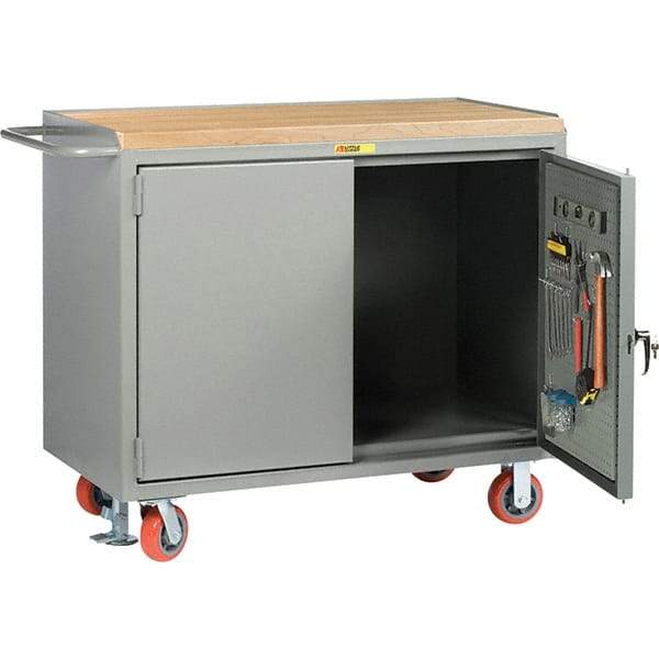 Little Giant - 3,600 Lb Capacity, 2 Shelf, 2 Door Mobile Bench Cabinet with Pegboard Panel Doors - 41" Wide x 24" Deep x 43" High, Steel, Gray - Eagle Tool & Supply