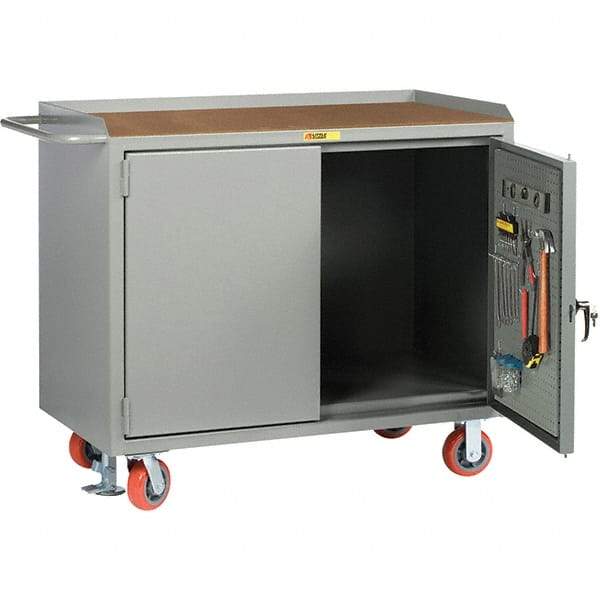 Little Giant - 3,600 Lb Capacity, 2 Shelf, 2 Door Mobile Bench Cabinet with Pegboard Panel Doors - 41" Wide x 24" Deep x 43" High, Steel, Gray - Eagle Tool & Supply