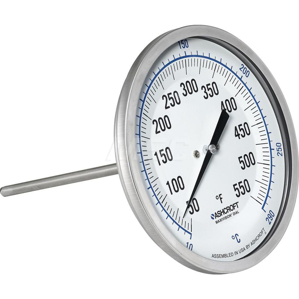 Bimetal & Dial Thermometers; Type: Bi-Metal Thermometer; Mount: Back Connected; Stem Length (Inch): 9; Dial Diameter: 5; Minimum Temperature (F): 50.000; Minimum Temperature (C): 10.00; Maximum Temperature (F): 550.000; Maximum Temperature (C): 290.00; Ma