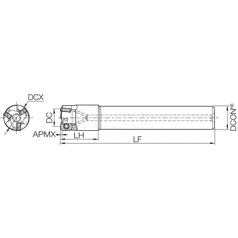 Indexable High-Feed End Mill: 12 mm Cylindrical Shank Uses 3 LPGT Inserts, 0.5 mm Max Depth, 80 mm OAL, Through Coolant