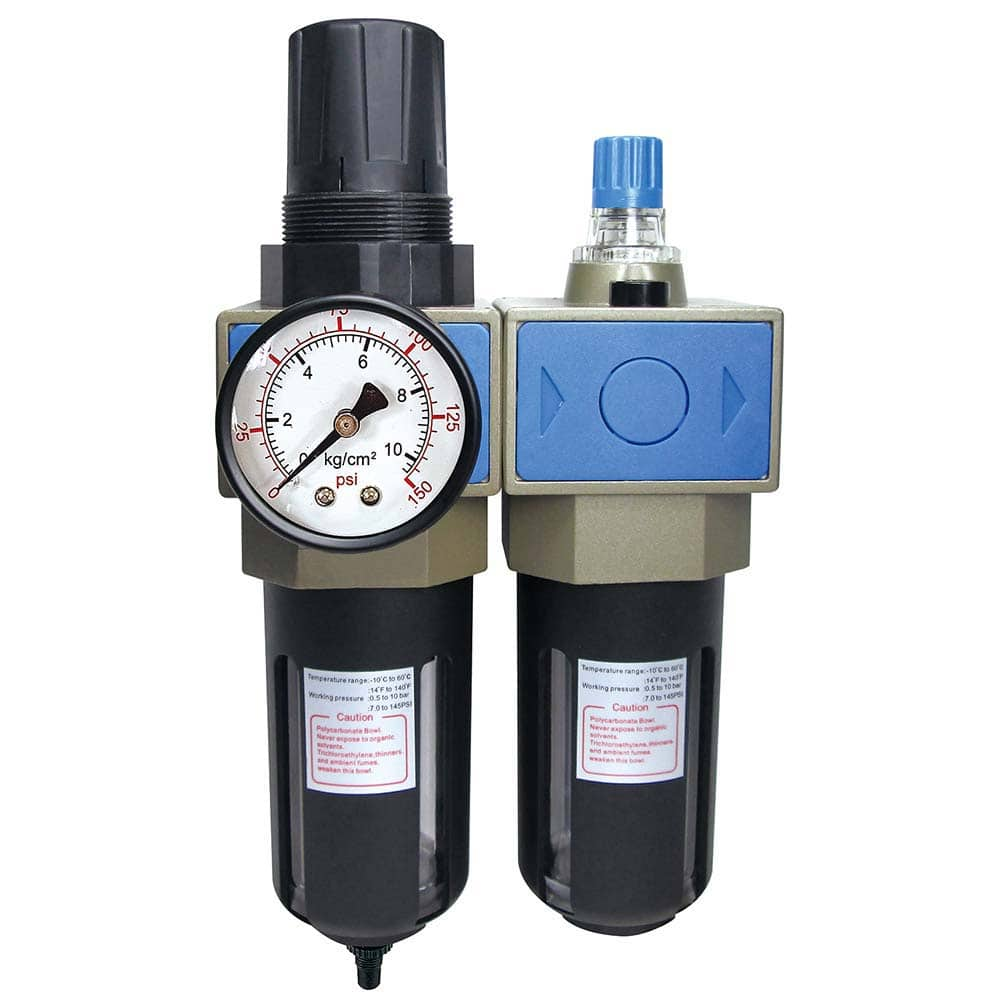 FRL Combination Unit: 3/8 NPT, Intermediate with Pressure Gauge 74.15 SCFM, 145 Max psi, Aluminum Bowl, Automatic Drain