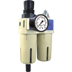 FRL Combination Unit: 1/4 NPT, Compact with Pressure Gauge 65.32 SCFM, 145 Max psi, Aluminum Bowl, Semi-Automatic Drain