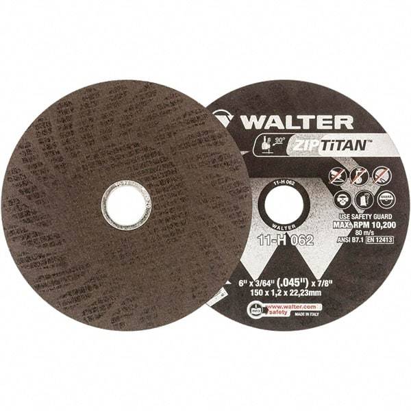 WALTER Surface Technologies - 6" Aluminum Oxide Cutoff Wheel - 3/64" Thick, 7/8" Arbor, 10,200 Max RPM, Use with Die Grinders - Eagle Tool & Supply