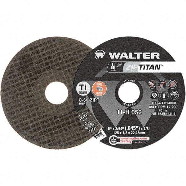 WALTER Surface Technologies - 5" Aluminum Oxide Cutoff Wheel - 3/64" Thick, 7/8" Arbor, 12,200 Max RPM, Use with Die Grinders - Eagle Tool & Supply