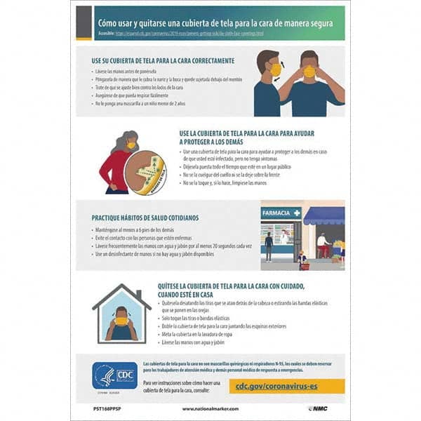 NMC - "C\xF3mo usar y quitarse una cubierta de tela para la cara de manera segura", 18" High x 12" Wide, Paper Safety Sign - Eagle Tool & Supply