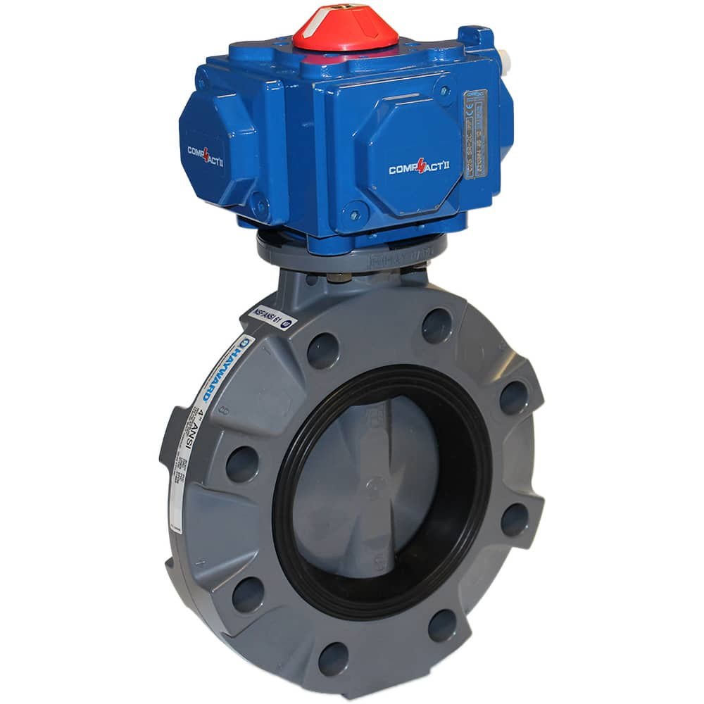 Hayward - Actuated Butterfly Valves; Pipe Size: 6 (Inch); Actuator Type: Pneumatic Spring Return w/Solenoid ; Style: Wafer ; Material: PVC ; WOG Rating (psi): 150 ; Seat Material: EPDM - Exact Industrial Supply