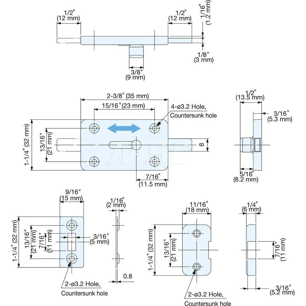 Slide Bolts; Type: Centered Strike Slide Bolt; Length (mm): 35.00; Width (mm): 32.00; Finish/Coating: Satin; Additional Information: 32 x 15 x 2 mm; Counter Plate Size: 32 x 18 x 6 mm; Weight: 32 g; Screw: 2.7 x 16; Overall Length: 47 mm; Minimum Order Qu